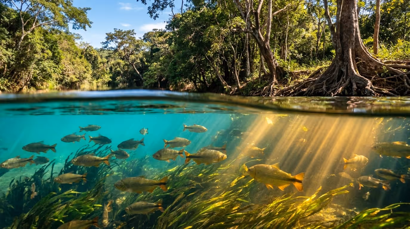 Nadador flutuando em rio de água cristalina cercado de vegetação em Bonito, Mato Grosso do Sul