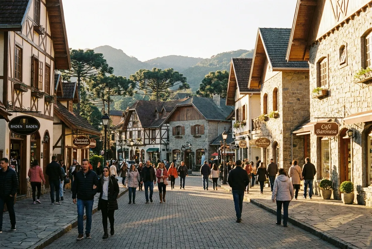 Rua de pedra com lojas e chalés na Vila Capivari, Campos do Jordão