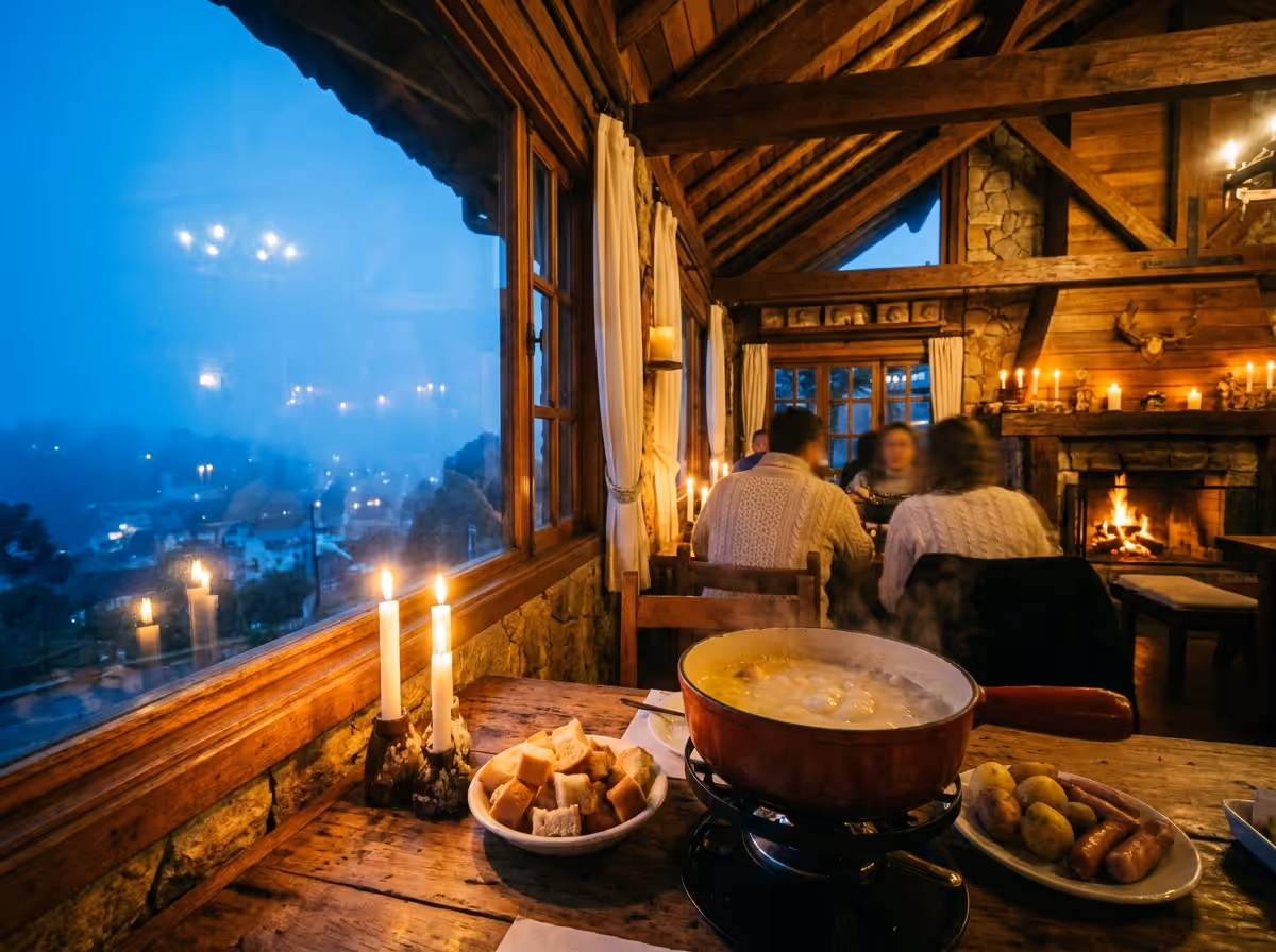 Fondue de queijo servido em restaurante do Capivari