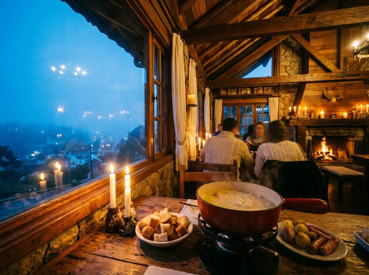 Mesa de fondue de queijo servida em restaurante da Vila Capivari, Campos do Jordão