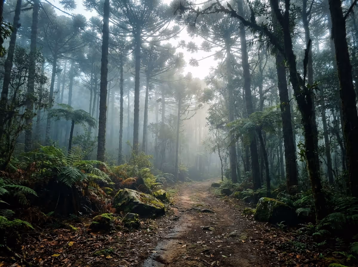Estrada de serra cercada por floresta e neblina no acesso a Campos do Jordão