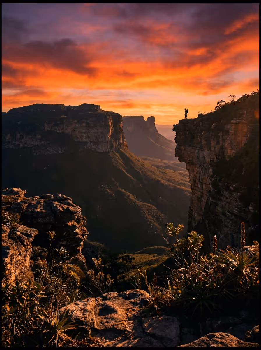 Pôr do sol visto do Morro do Pai Inácio, com o mar de morros da Chapada Diamantina ao fundo