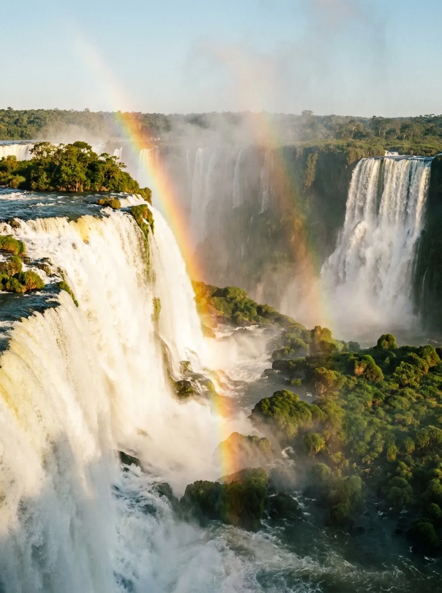 Vista panorâmica das Cataratas do Iguaçu com arco-íris sobre as quedas d'água