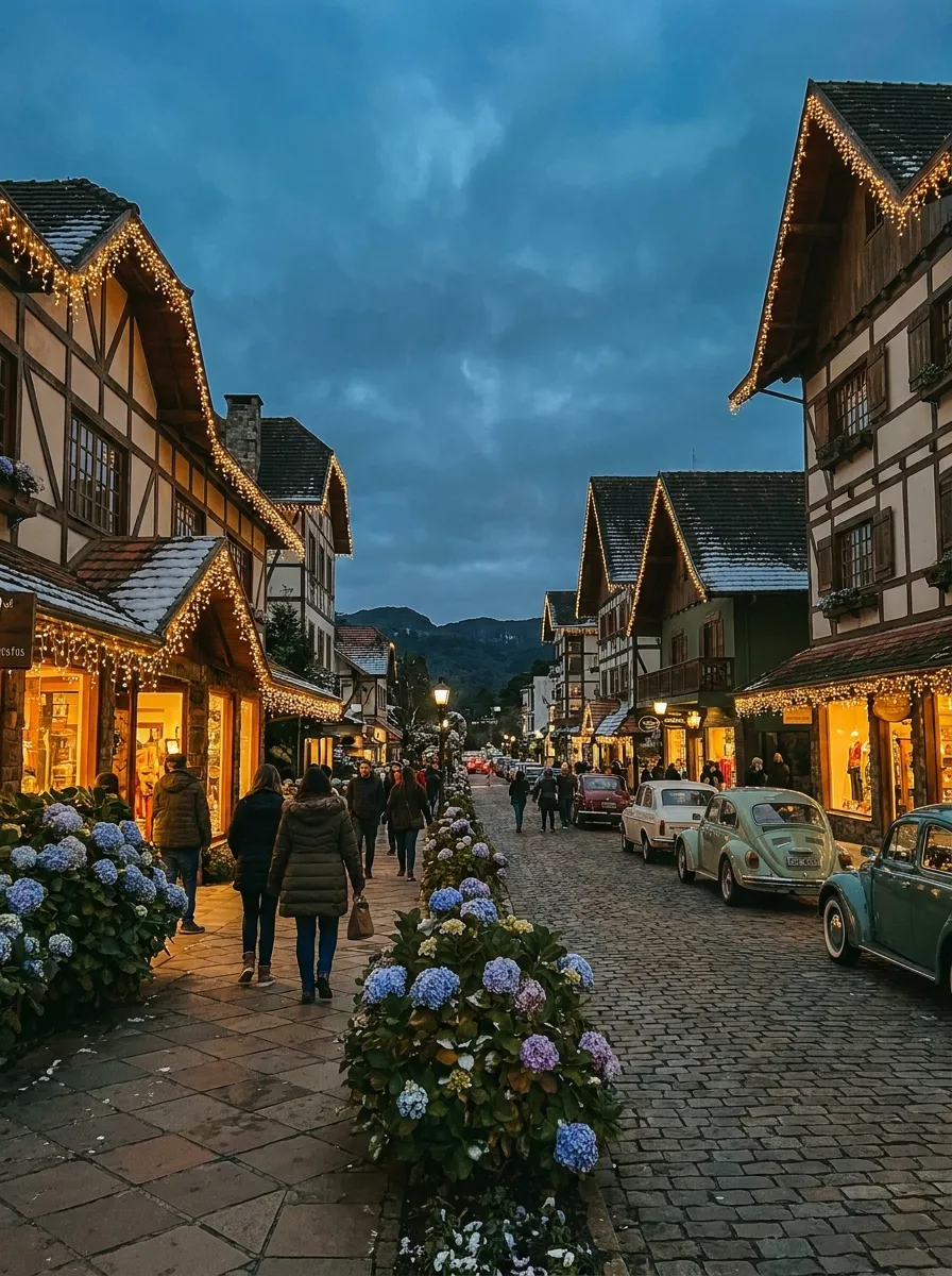 Rua de Gramado iluminada à noite, com decoração natalina e casas em estilo enxaimel
