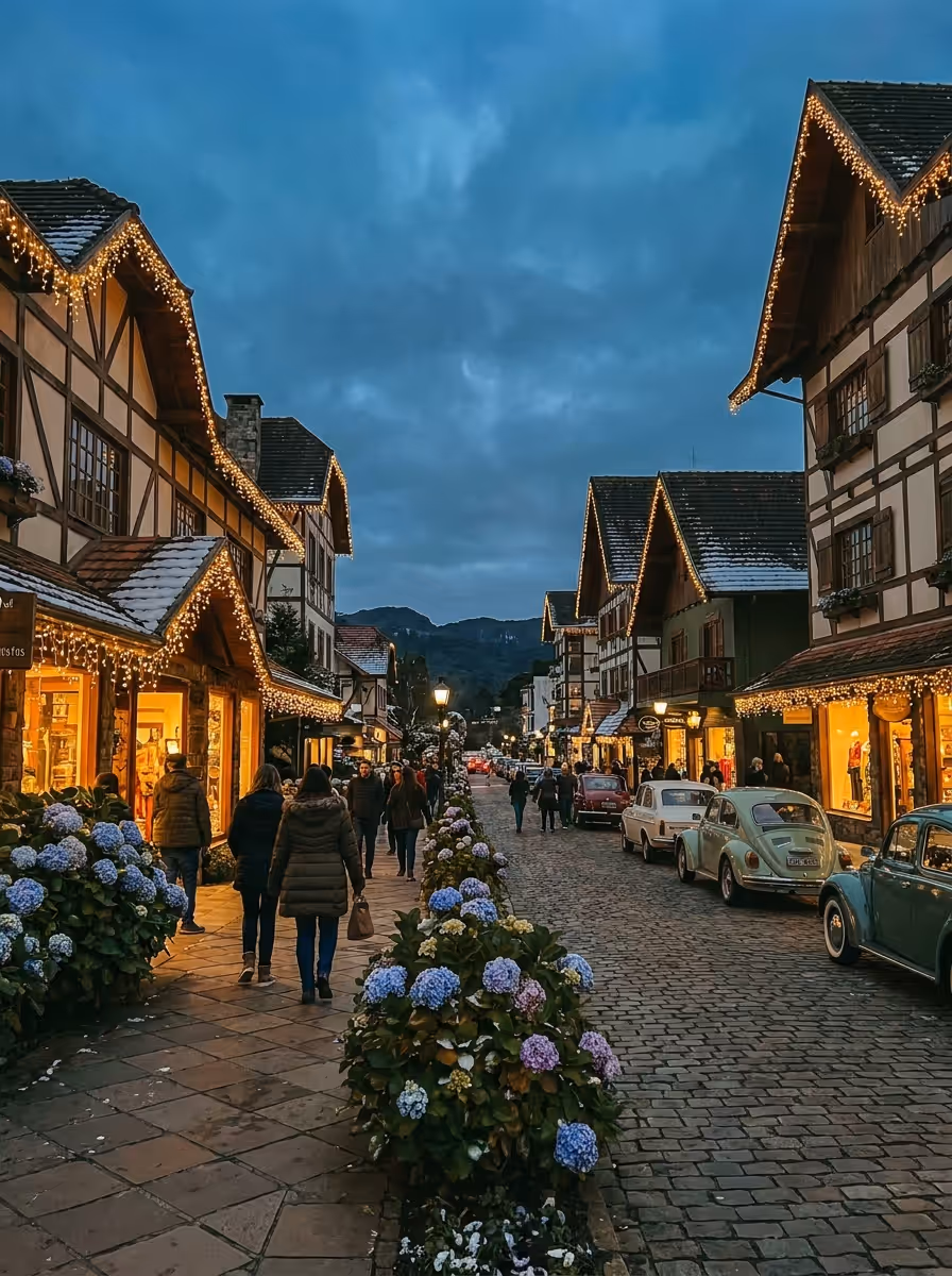 Rua Coberta de Gramado à noite, com barracas de comida típica e decoração natalina