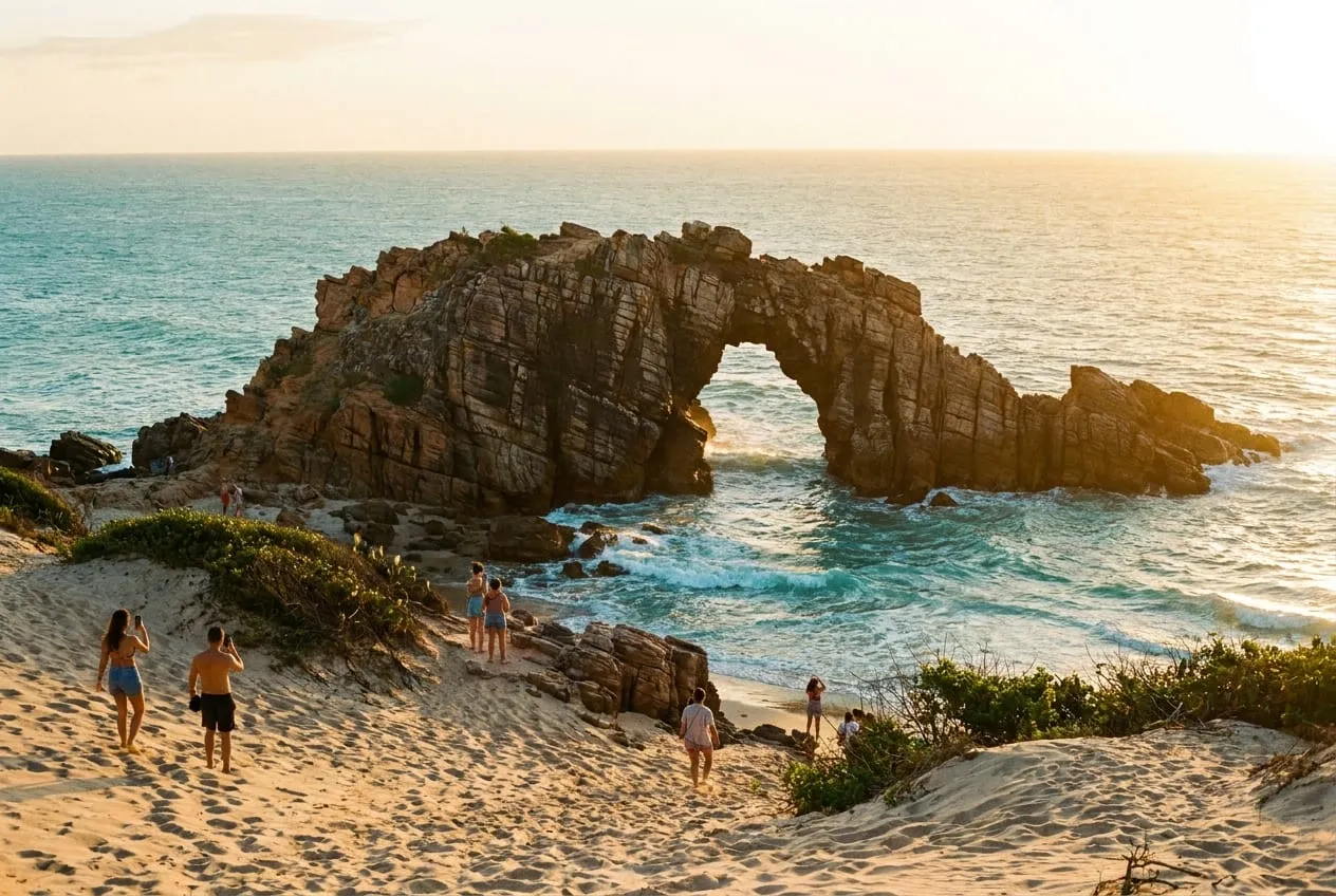 Duna de areia branca com pessoas observando o pôr do sol em Jericoacoara, Ceará