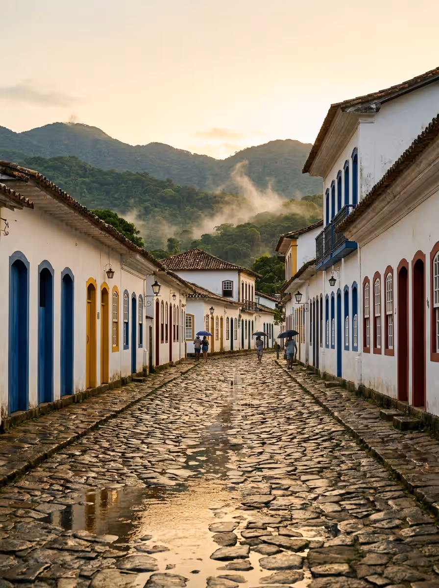 Ruas de pedra e casario colonial branco do centro histórico de Paraty ao entardecer