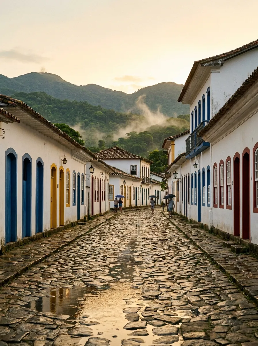 Ruas de pedra e casario colonial branco do centro histórico de Paraty ao entardecer