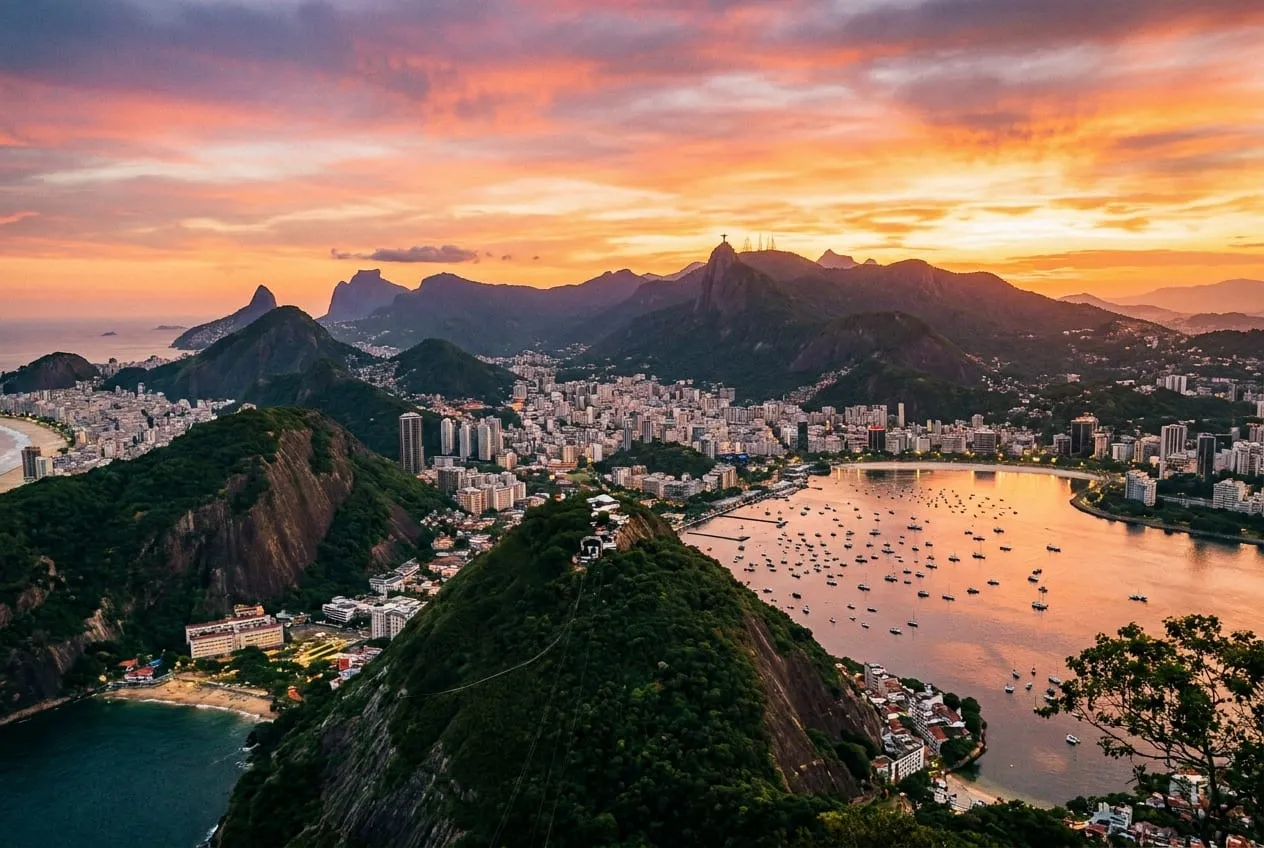 Vista aérea da praia de Copacabana com o Pão de Açúcar ao fundo, Rio de Janeiro